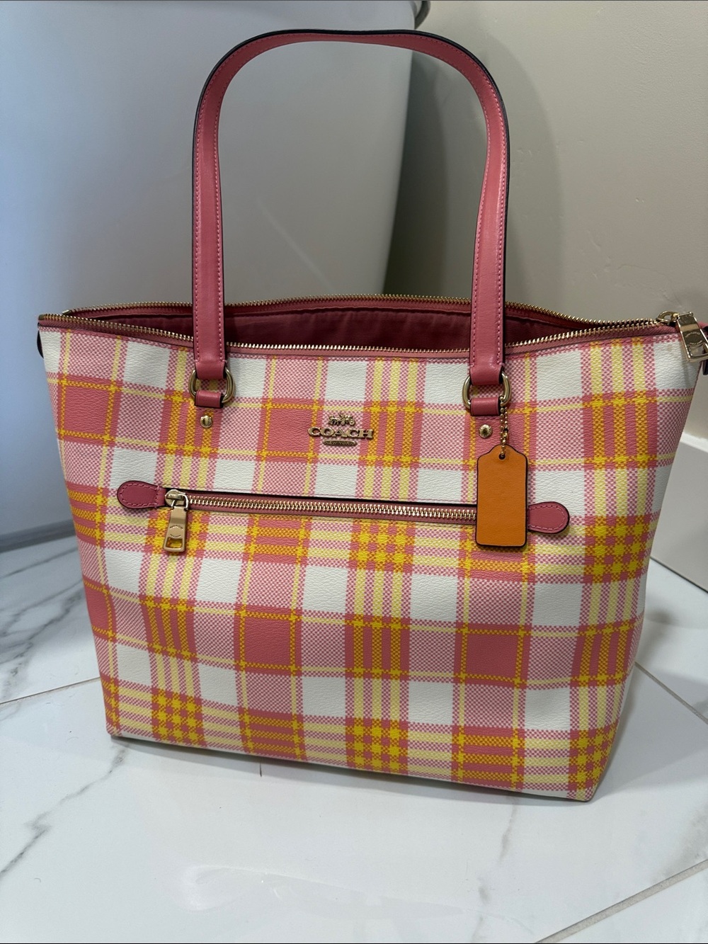 Coach Pink, Yellow & White Plaid Tote